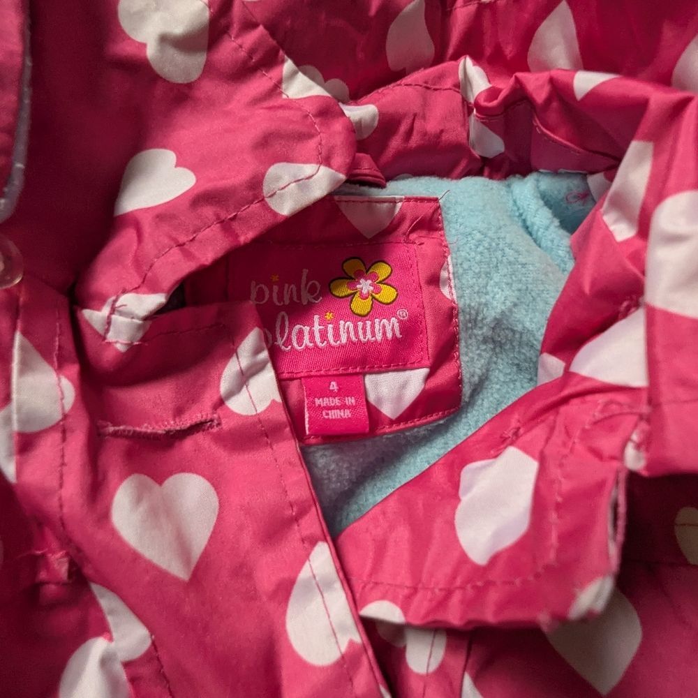 Pink Platinum Heart Print Hooded Raincoat Jacket 4 Pink White Bow Pockets Cozy L - Picture 5 of 10